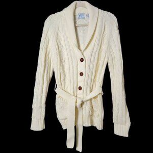 VTG Northern Isles Women Ivory Belted Cable Knit Fisherman Cardigan Sweater 42 M